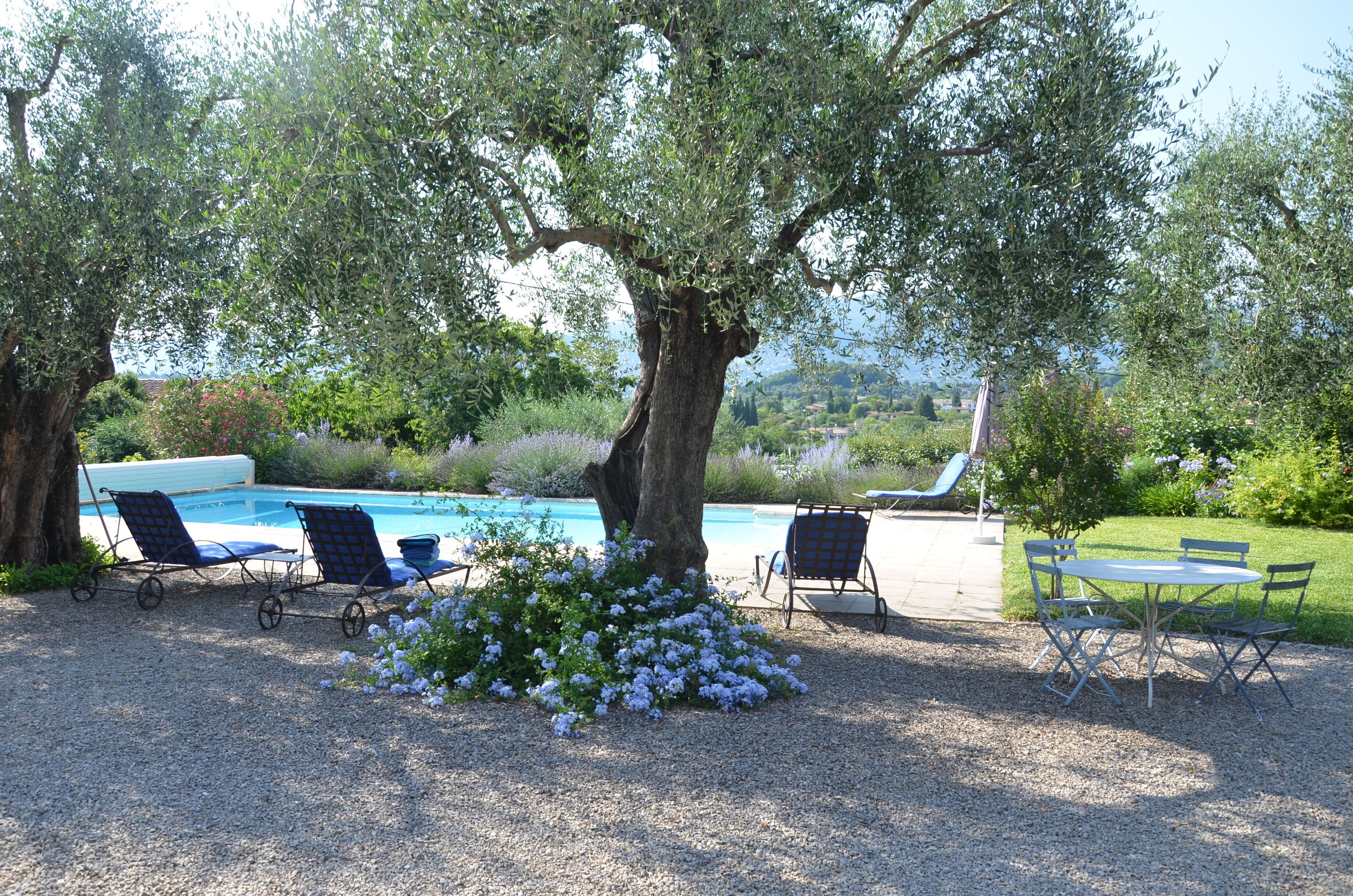 A poolside area with lounge chairs, a table, and a flower bed.