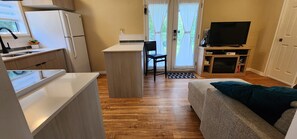 Smart TV, fireplace, DVD player, books