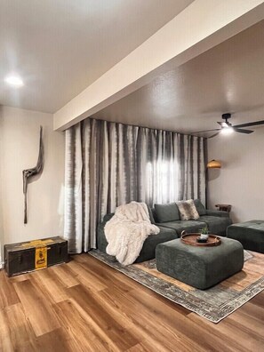 Smart TV, chimenea, biblioteca de música