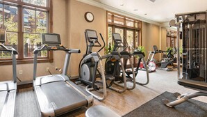 A gym with treadmills, elliptical machines, and a weight machine. - Perfect condo in enchanting Aspen for your next getaway (Aspen)