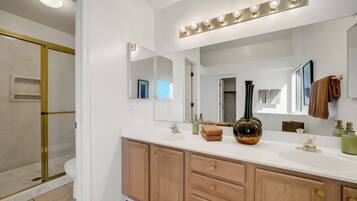 Shower, hair dryer, towels, toilet paper