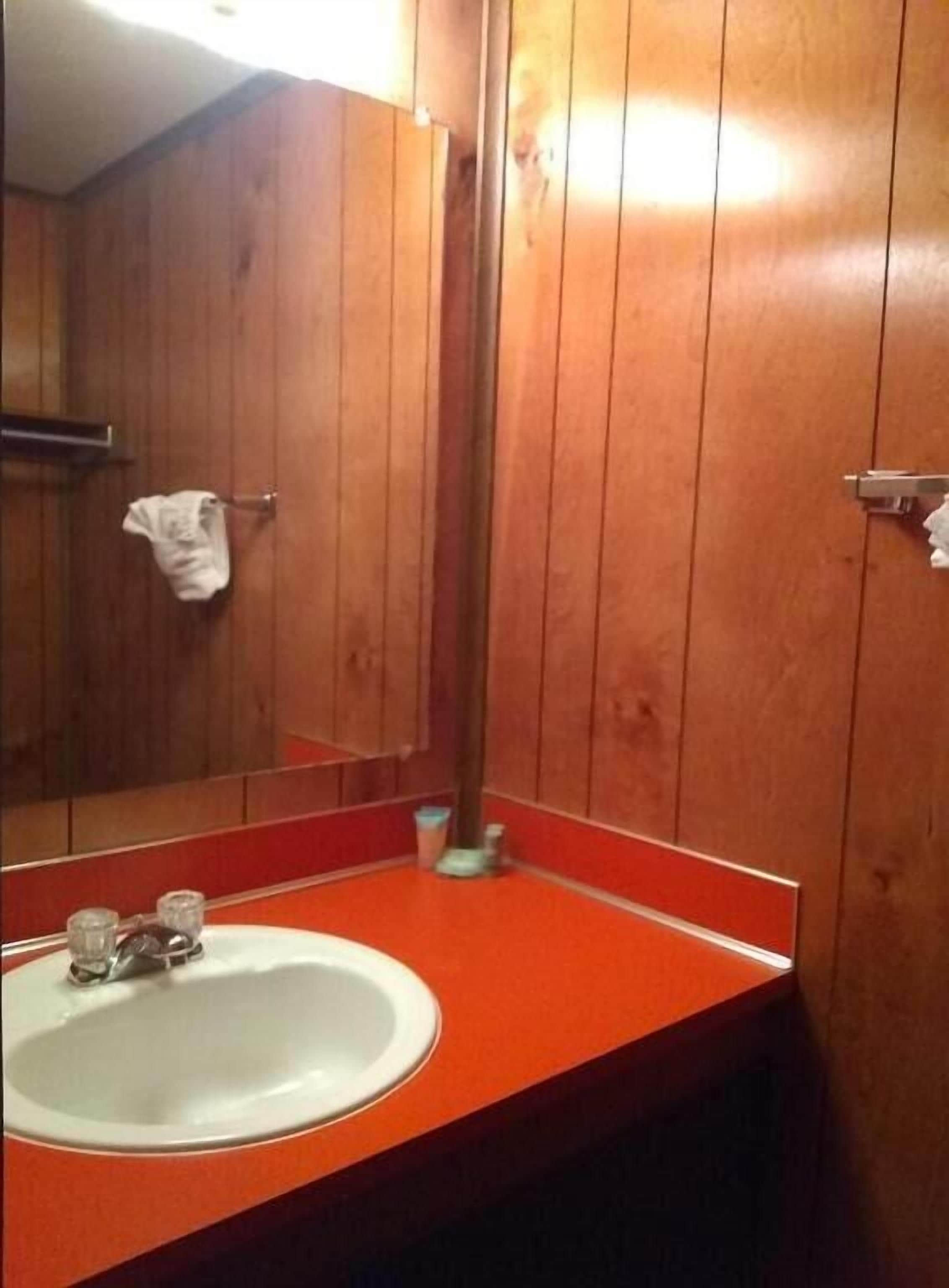 A bathroom with wooden walls, a white sink, and a mirror.