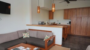 A modern living room with a sofa, coffee table, and a TV. - Sunrise Studio at Taru Rentals Ocean Views (Montezuma)
