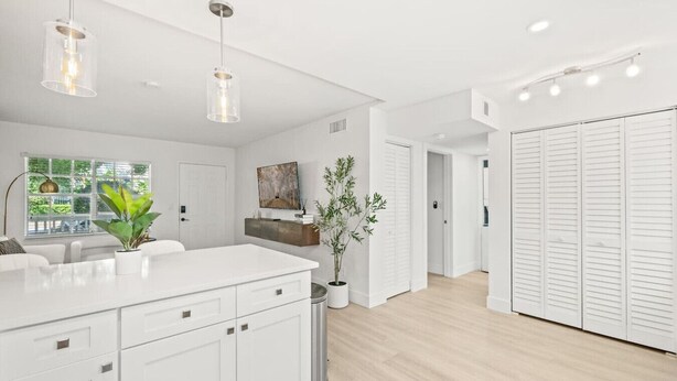 A modern kitchen with white cabinetry, a central island, pendant lighting, a potted plant, and a view of a garden through a window. - Central Cozy Home | Free Crib & Parking Space (Tampa)
