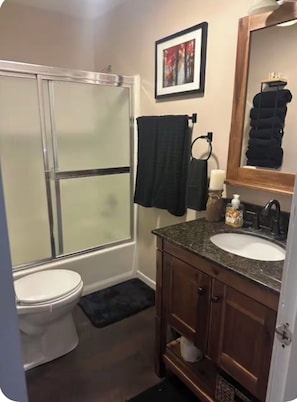 Hair dryer, towels, soap, toilet paper