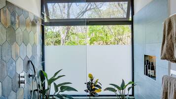 Shower, eco-friendly toiletries, hair dryer, towels