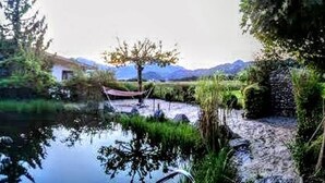 A serene lakeside view with a wooden deck, a small house, and lush greenery. - Charming Mobile Home Retreat in Ebbs, Austria - Tranquil Escape (Ebbs)