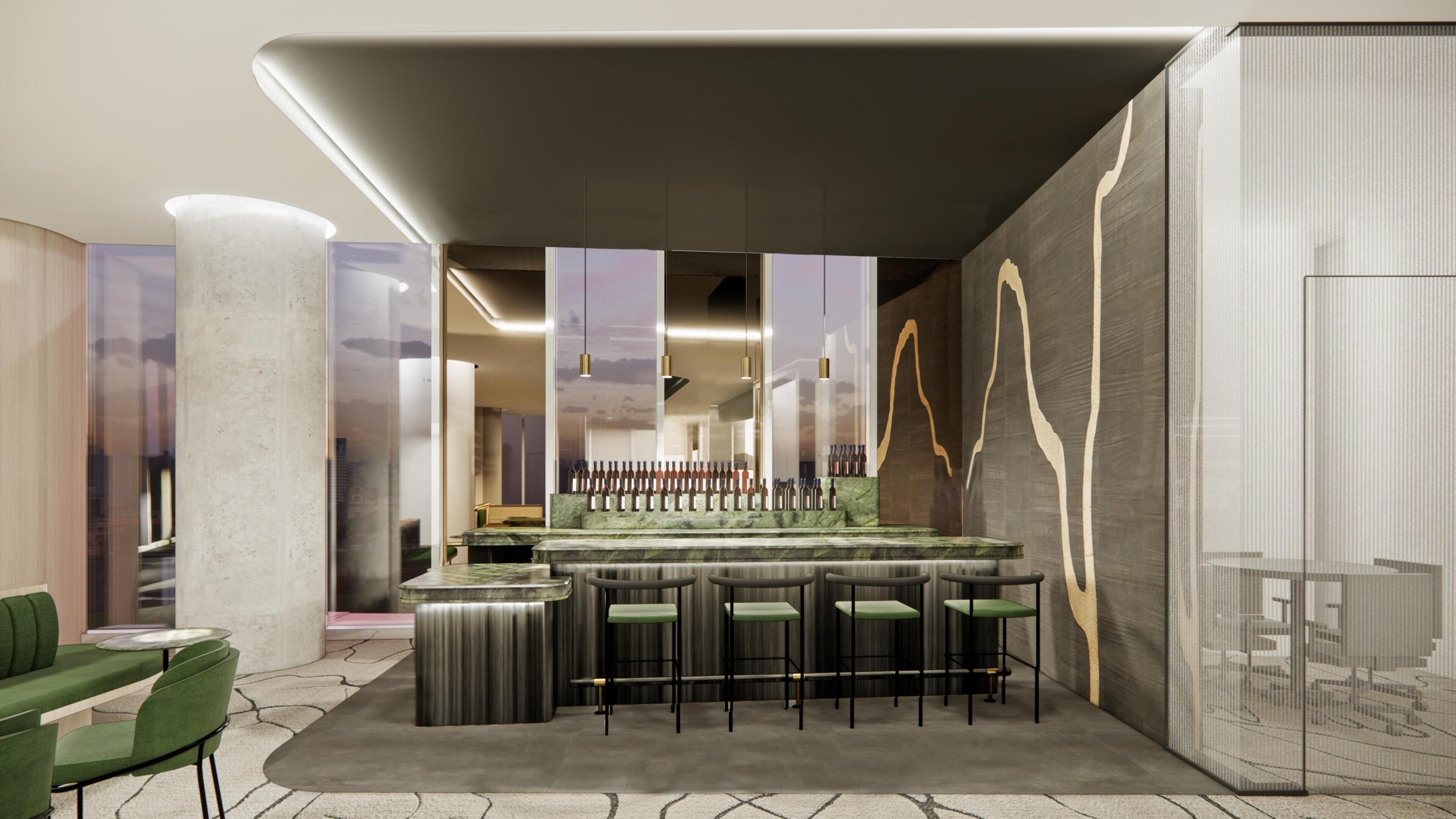 Een moderne bar met een marmeren aanrechtblad, meerdere barkrukken en uitzicht op de stad door grote ramen.