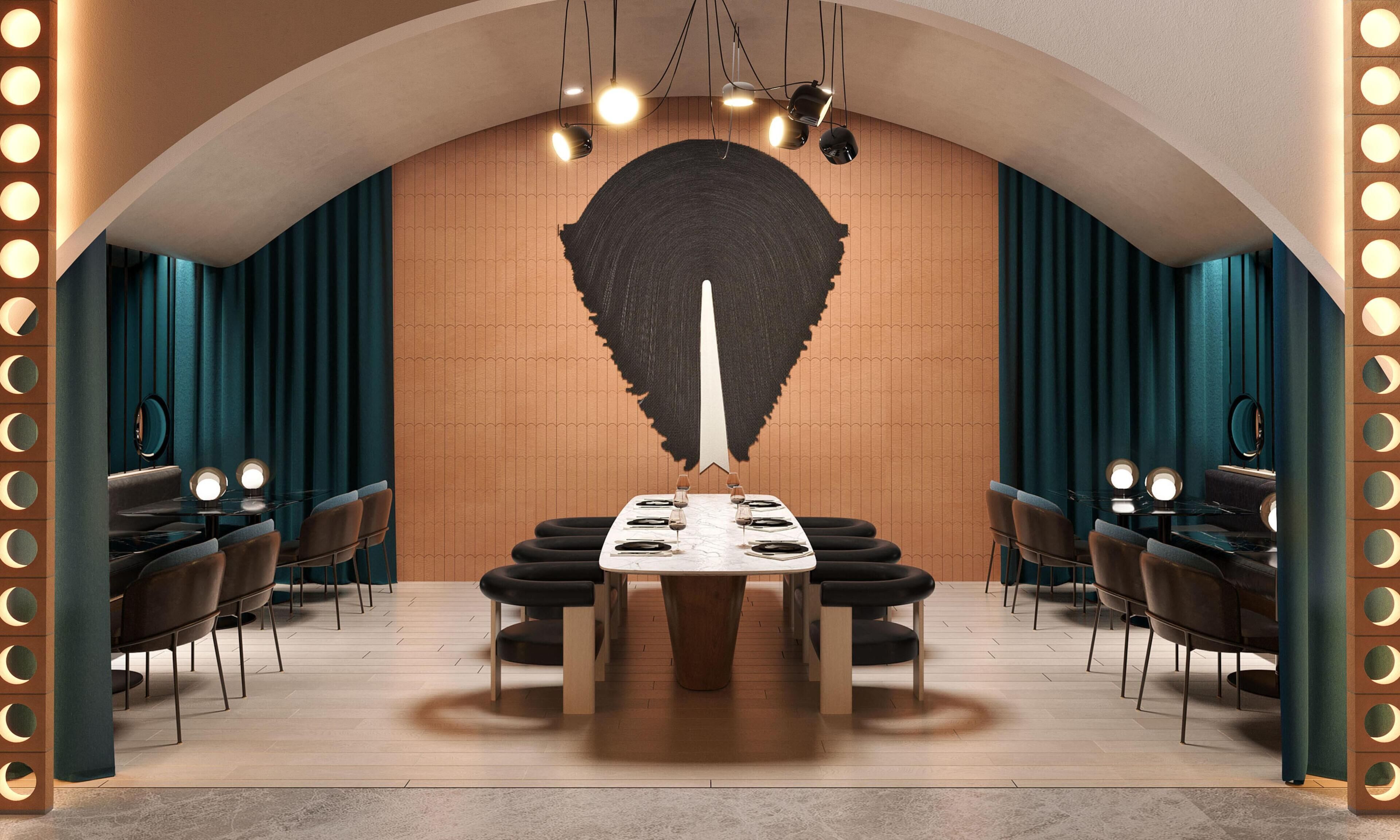 A modern dining area with a long table, chairs, and a unique wall design.
