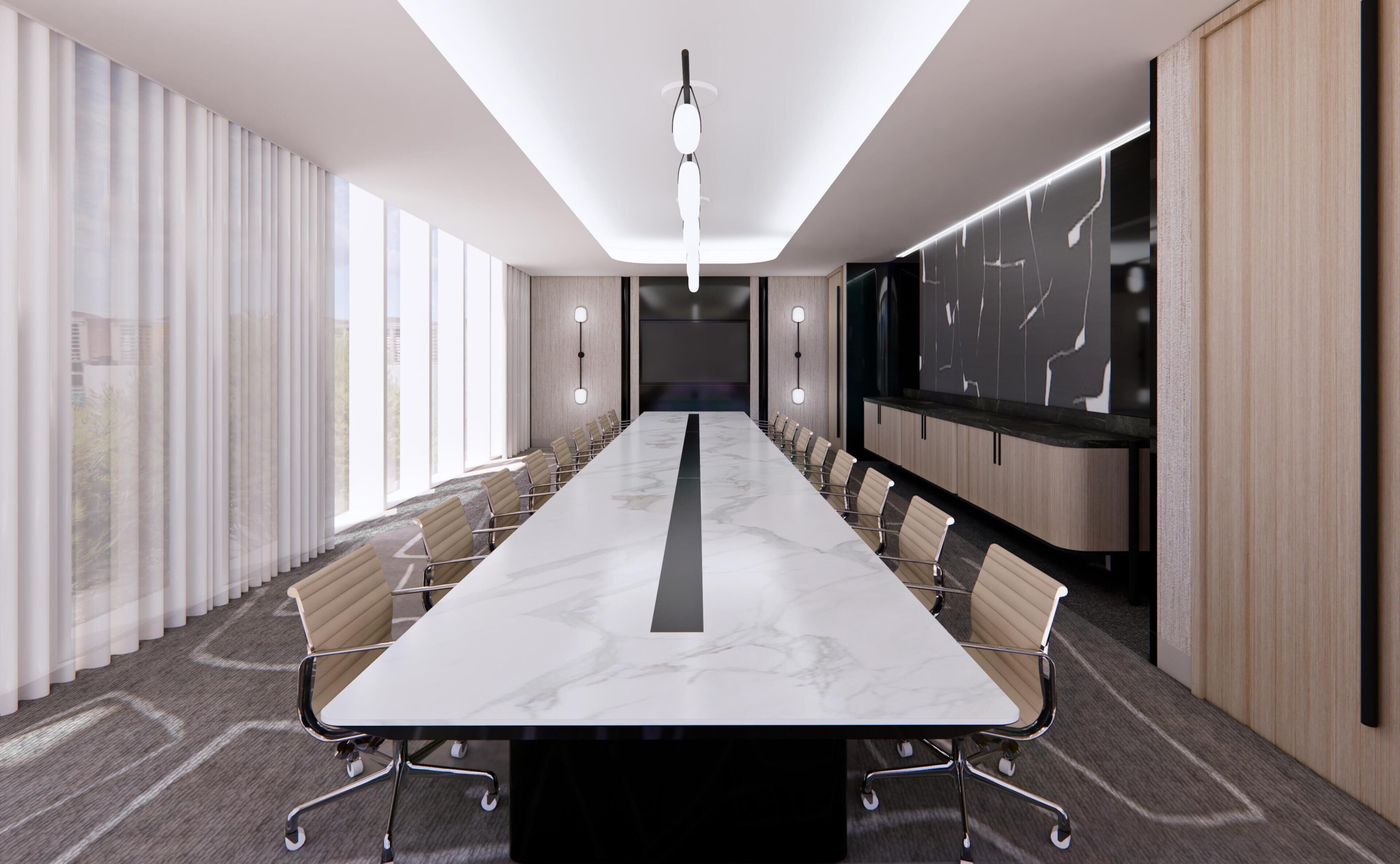 A conference room with a long table, chairs, a projector screen, and a large window.