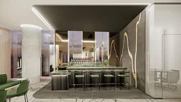 A modern bar area with a marble countertop, multiple stools, and a view of the cityscape through large windows.