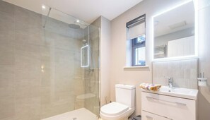 A modern bathroom with a glass-enclosed shower, a white toilet, and a vanity with a mirror.