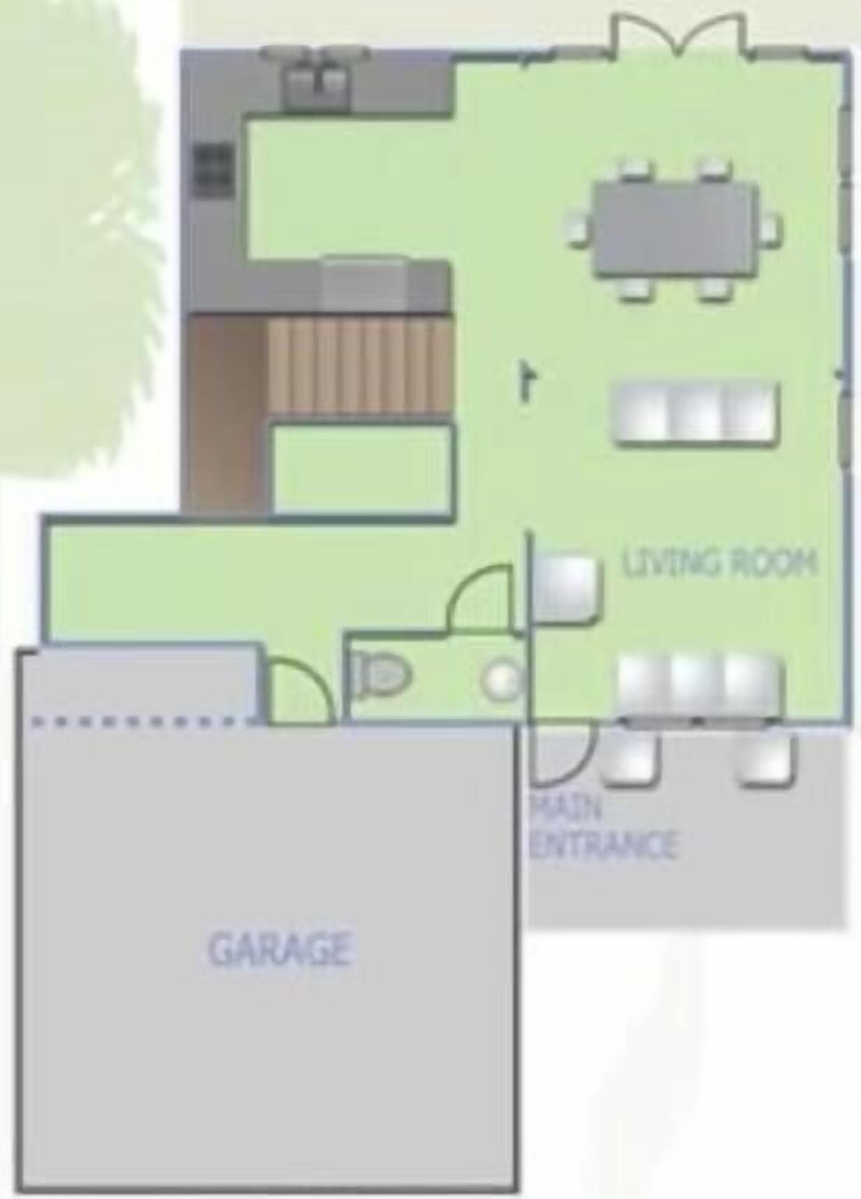 A floor plan with a living room, main entrance, and garage.