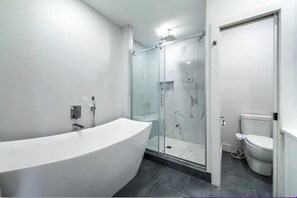 Une salle de bain moderne avec une baignoire sur pieds, une douche à parois de verre et des toilettes.