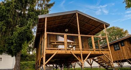 The Capetown cabin for 4 people is a cozy nature accommodation featuring two bedrooms, a modern bathroom, an equipped kitchen, and a large covered terrace.