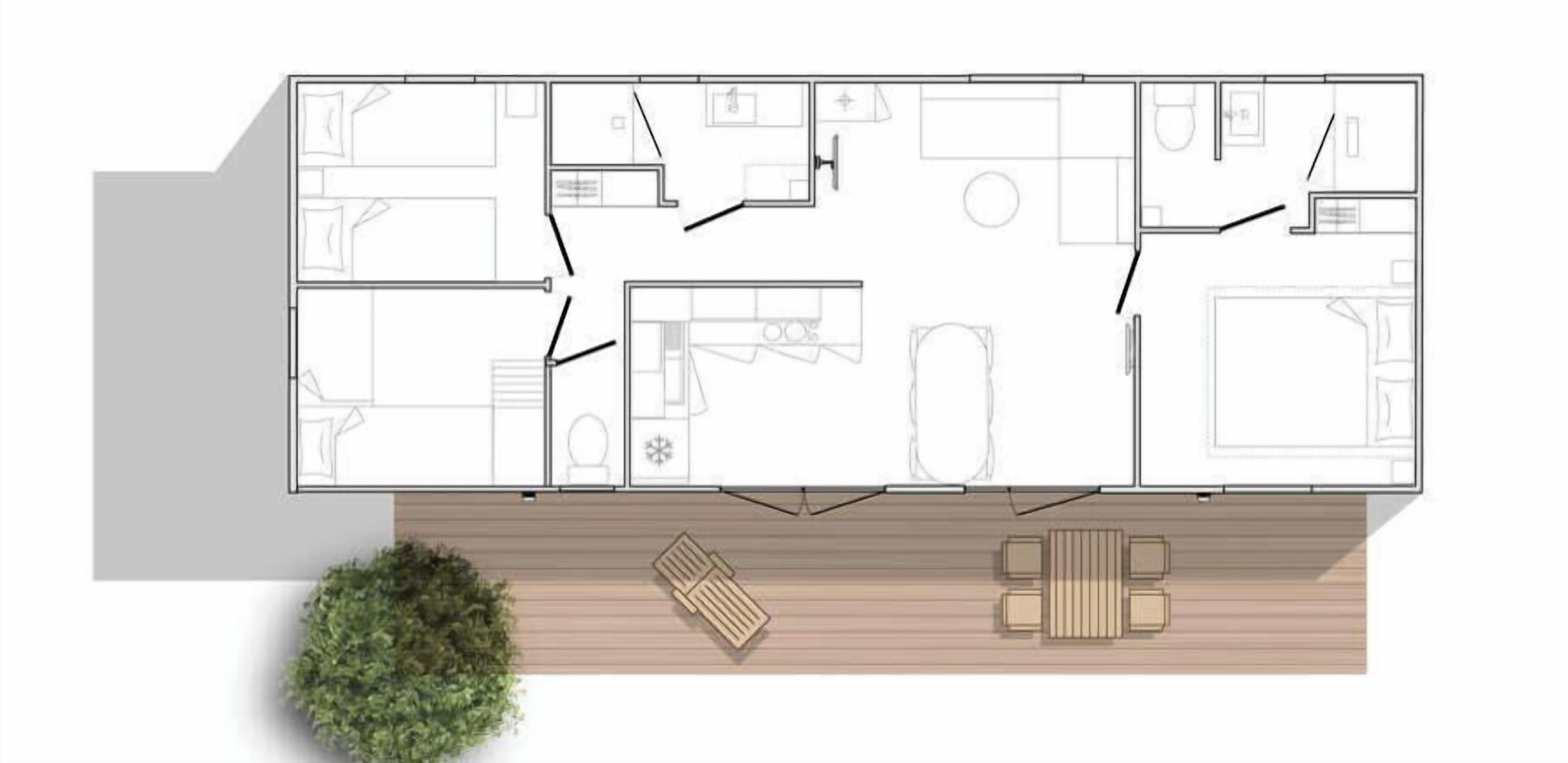 Plano de planta de una casa con sala de estar, cocina, dos dormitorios y un baño.