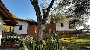 Una casa con un muro de piedra, un árbol y un jardín con plantas grandes.