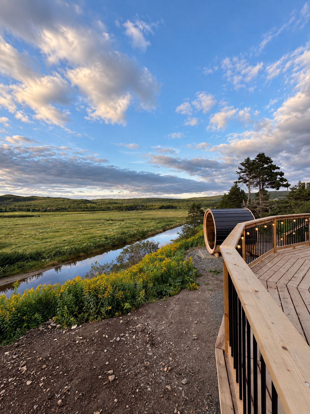 A wooden deck with a view of a river and distant hills.