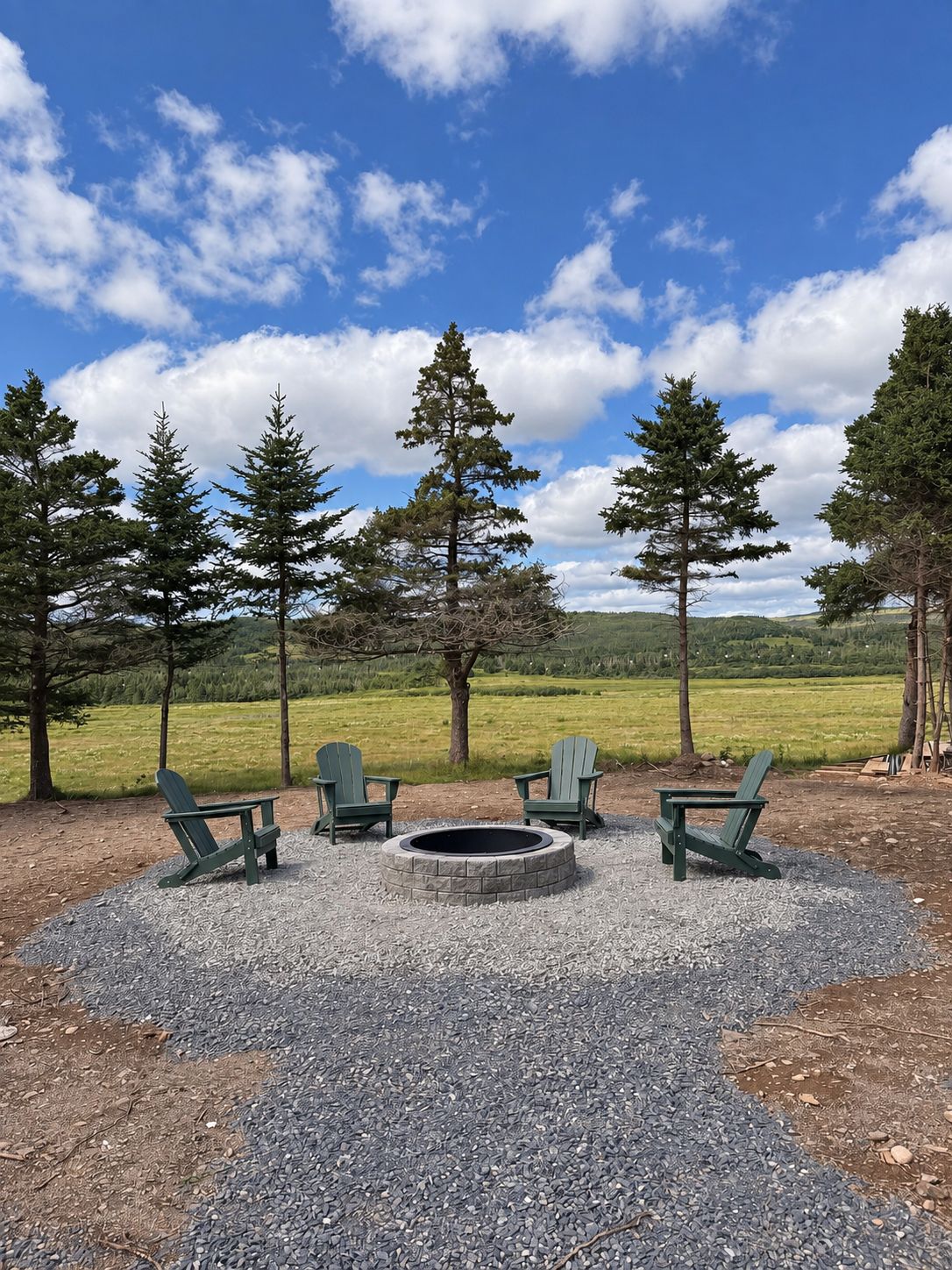 A gravel fire pit area with four Adirondack chairs, surrounded by trees and a grassy field under a partly cloudy sky.