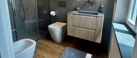 Shower, hair dryer, bidet, towels