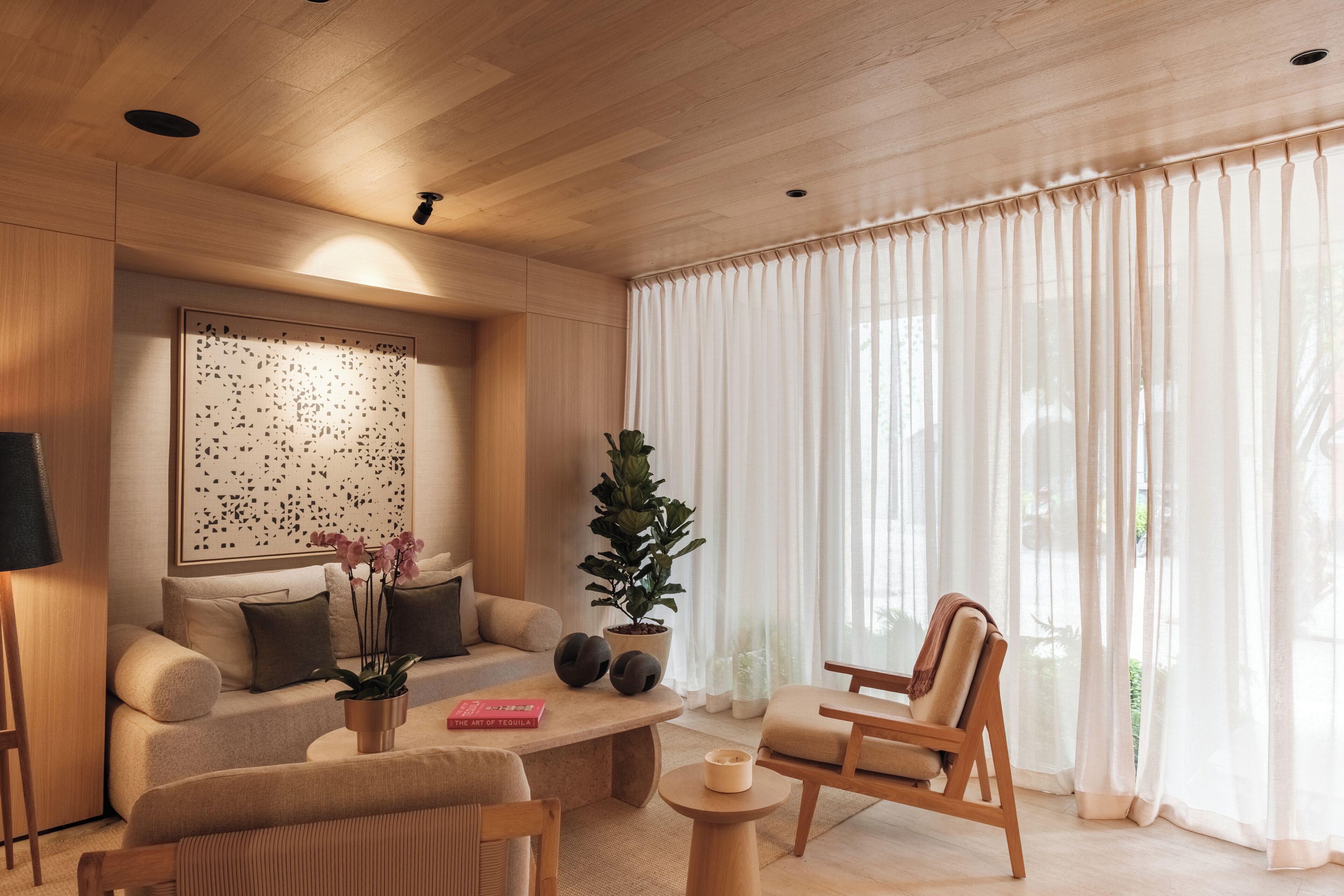 Una sala de estar moderna con un sofá, una mesa de centro y un sillón, una planta en maceta y una obra de arte en la pared.
