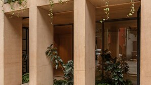A building entrance with large columns, a glass door, and greenery.