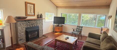 A living room with a stone fireplace, a ceiling fan, a television, a sofa, a coffee table, and a patterned rug.