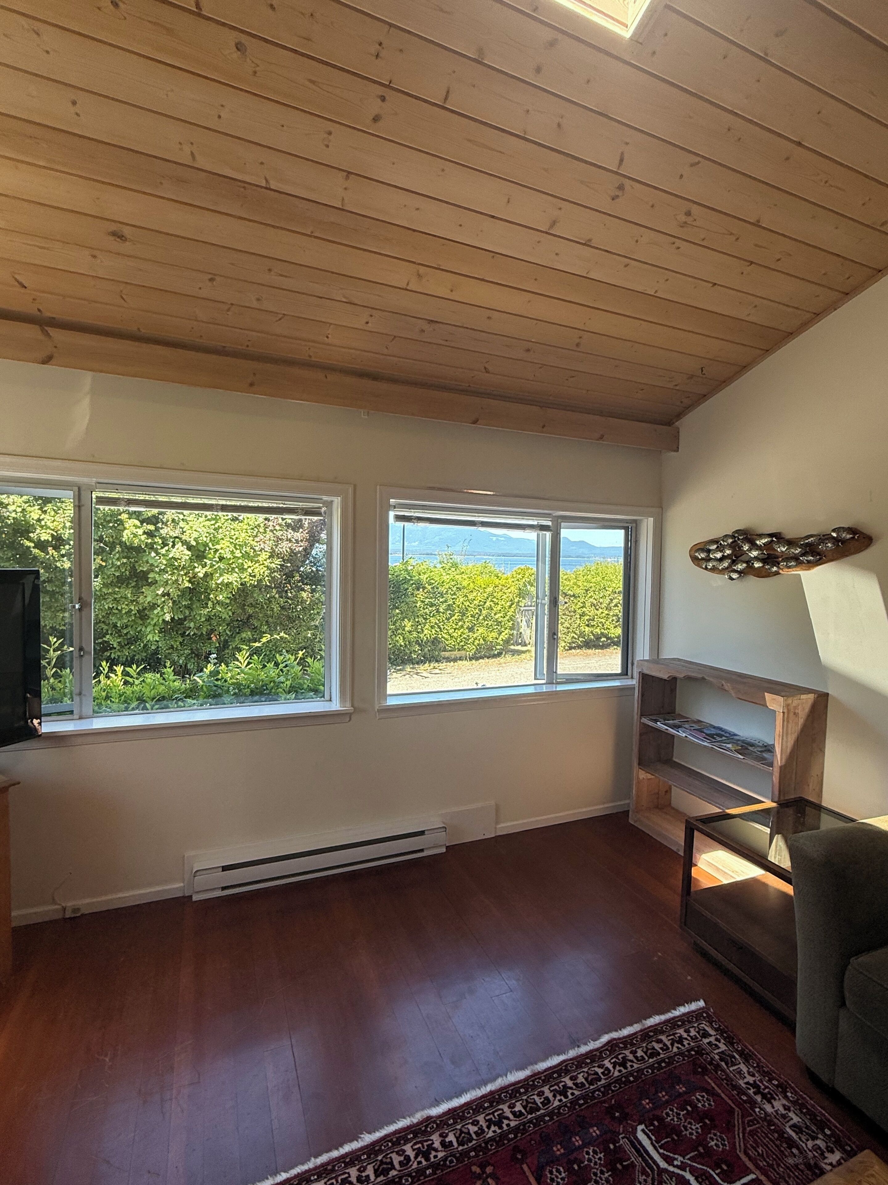 A room with wooden flooring, a large window, a built-in shelf, and a television.