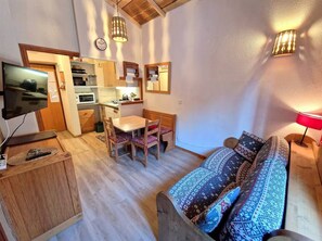A compact living space with a kitchenette, a dining area, a sofa, and a TV.