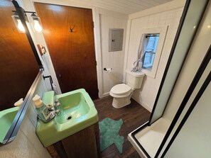 Shower, towels, soap, toilet paper