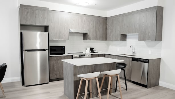 Eine moderne Küche mit integriertem Kühlschrank, Herd und Geschirrspüler, ausgestattet mit hellen Holzschränken und einer weißen Arbeitsplatte.