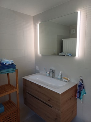 Shower, hair dryer, towels, soap