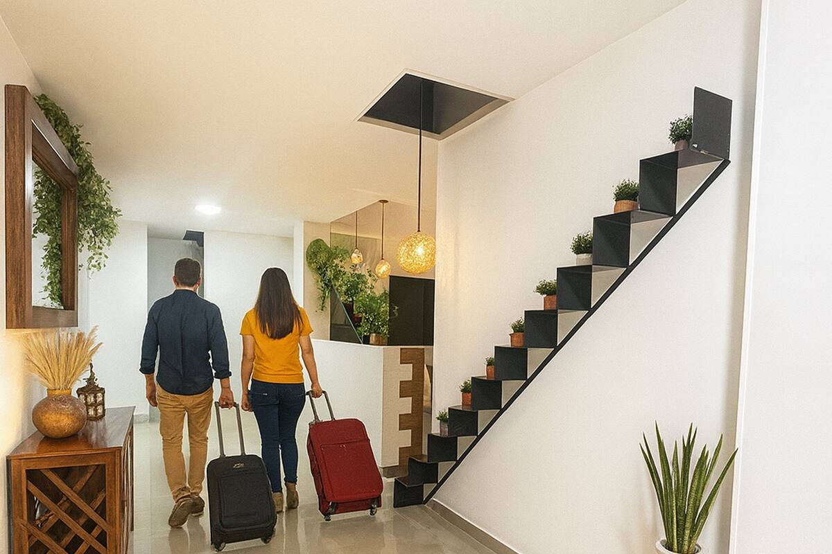 En hall med en trappa, en matta och en krukväxt.