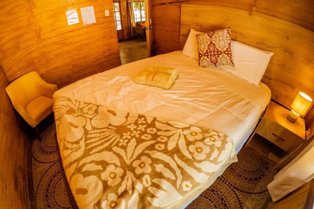 Een houten kamer met een bed, een stoel en een nachtkastje met een lamp.