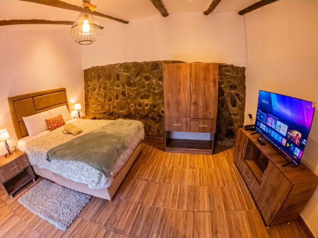 Un dormitorio con cama, armario de madera, pared de piedra, televisor y ventilador de techo.