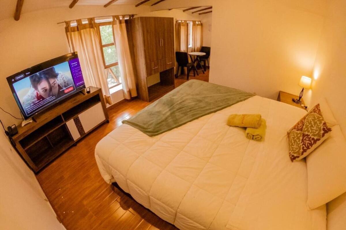 Een slaapkamer met een groot bed, een televisie op een standaard, een bureau met stoel, en een kledingkast.