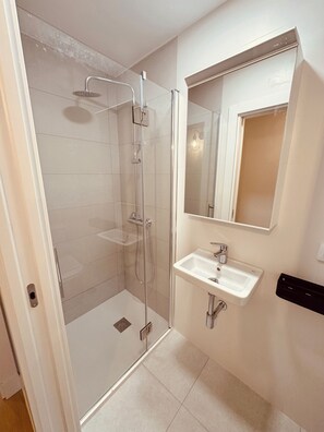 Douche, séchoir à cheveux, serviettes fournies, savon
