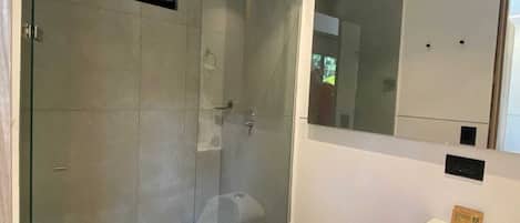 Shower, towels, soap, shampoo