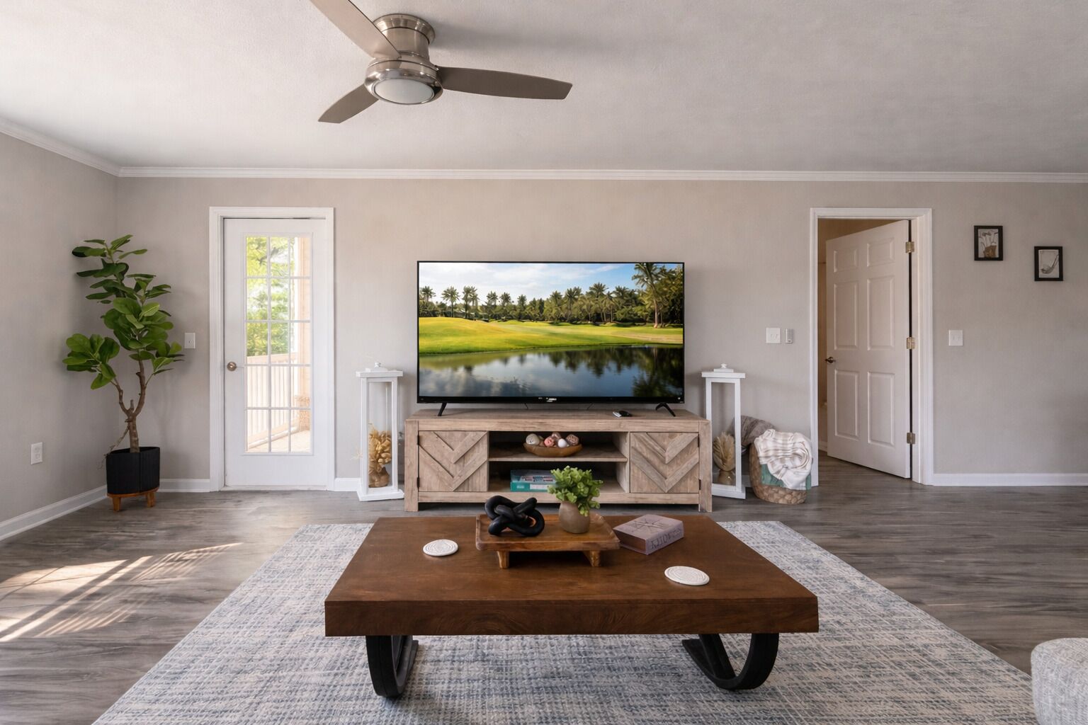 A living room with a television, a coffee table, a potted plant, and a door.