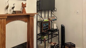 Ein Zimmer mit Kamin, Wandfernseher, Bücherregal und einer dekorativen Vogelplastik.