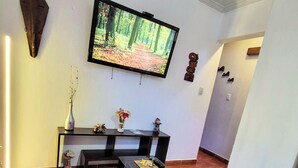 Un salon avec un téléviseur fixé au mur, un meuble de rangement noir et deux fauteuils avec des coussins.