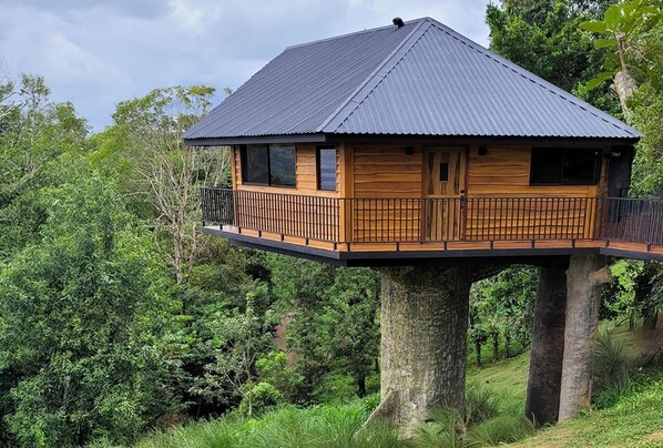 Una casa en el árbol con techo metálico, paredes de madera y un balcón.