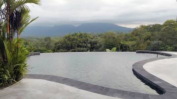 A pool with a curved edge, surrounded by greenery and a mountainous backdrop.