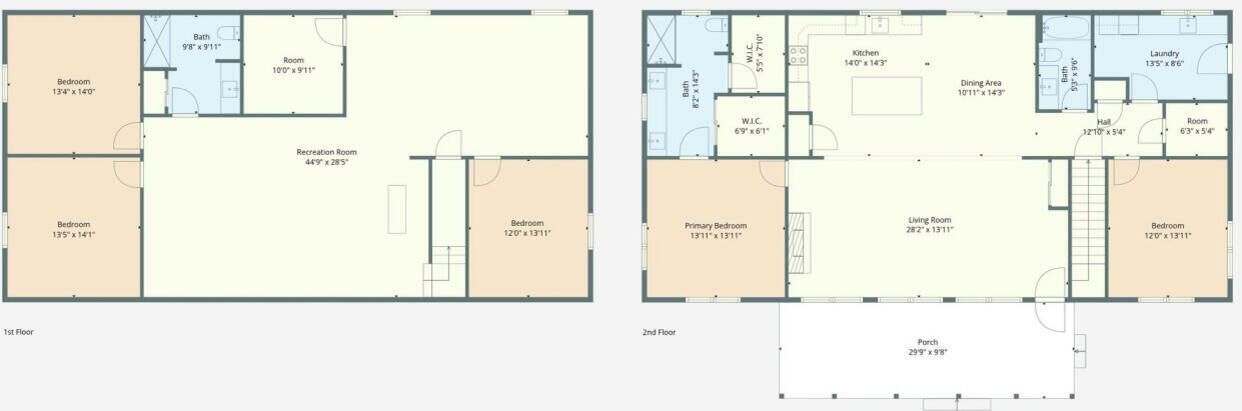 Un plan d’étage pour le deuxième étage comprenant une chambre principale, deux chambres, une salle de bain, une cuisine, un coin repas et une véranda.