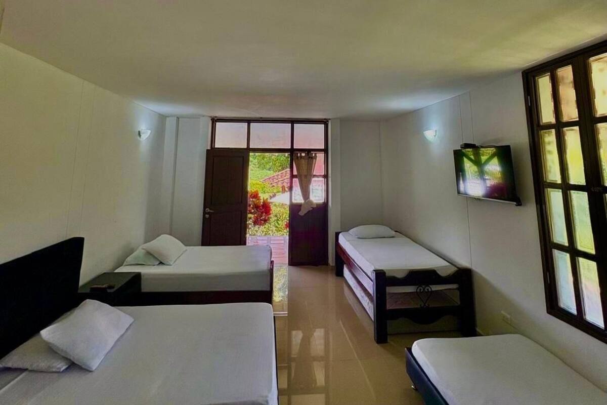 A hotel room with two single beds, a small table, a TV mounted on the wall, and a window with a view of greenery outside.