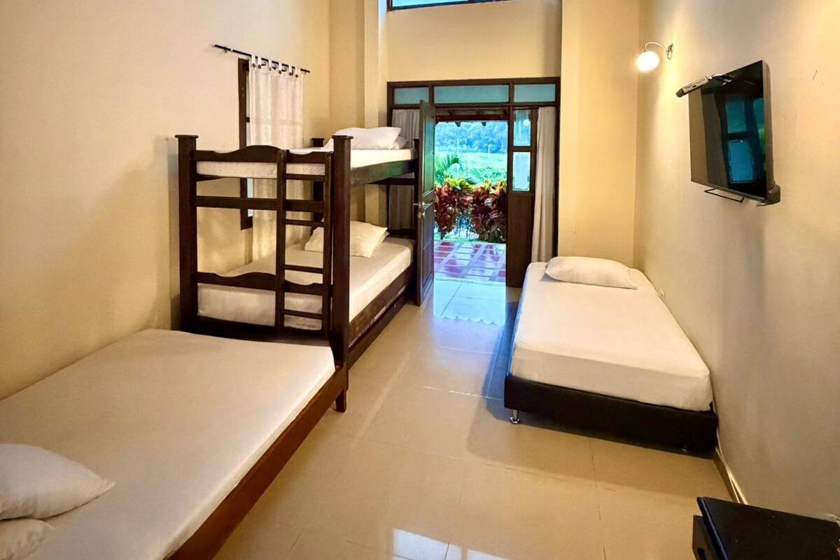 A room with bunk beds, a TV, and a view through a window.