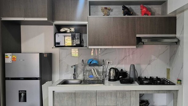 Une cuisine moderne dotée d’appareils électroménagers intégrés, d’un égouttoir et d’objets décoratifs disposés sur des étagères.