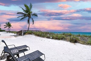 A beach with a wooden walkway, palm trees, and a row of black metal chairs. - Gulf-to-Bay Luxury: Million Dollar Views at this Newly Remodeled Beachfront Ground Floor Condo (Sarasota)
