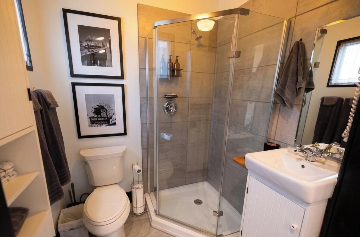 Shower, eco-friendly toiletries, hair dryer, towels