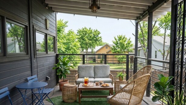 A covered outdoor patio with a sofa, chairs, a table, and potted plants. - Rooftop Movie House w/ Stunning views ❤️ East Austin Studio | Free Parking (Austin)